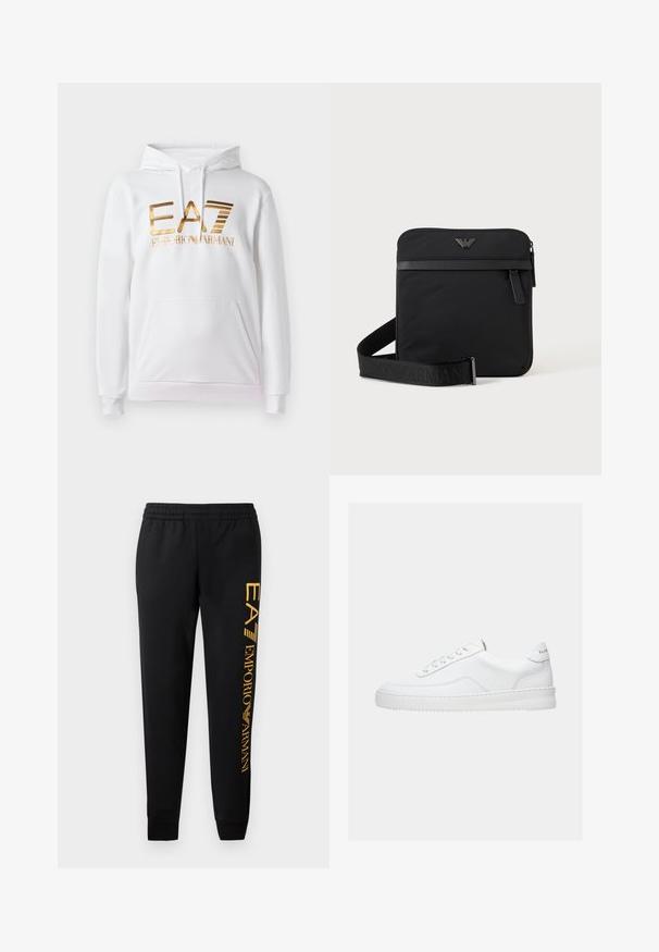 Biely mikina s predným vreckom, s kovovým zlatým logom "EA7 EMPORIO ARMANI". Mäkko tkaniny a rebrované manžety.; Čierne tepláky s elastickým pásom a manžetami na spodku. Na ľavej strane nohavice sa nachádza vertikálny zlatý potlač loga. Vyrobené z mäkkej tkaniny.; Biela nízka teniska so šnurovacím dizajnom, hladkým koženým zvrškom a hrubou podrážkou, zobrazená z bočného pohľadu na jednoduchom pozadí.; Čierna štvorcová kabelka cez rameno so zipsom, predným vreckom a nastaviteľným popruhom s vyrazeným názvom značky.