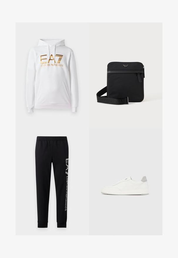 Witte hoodie met een voorzak, voorzien van een gouden metallic logo met de tekst "EA7 EMPORIO ARMANI." Zachte stof en geribbelde manchetten.; Zwarte sweatpants van een katoenmix, met een elastische tailleband, taps toelopende benen, ribgebreide boorden en een wit logo-opdruk langs de zijkant.; Witte lage sneaker met grijze hielpatch, witte veters en een gestructureerde zool, gepresenteerd op een effen lichte achtergrond.; Zwarte vierkante schoudertas met ritssluiting, voorvak en verstelbare band met geperste merknaam.