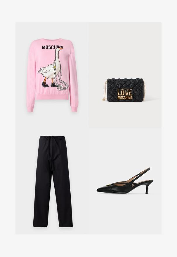 Pull en tricot rose à manches longues, avec un motif d'oie tenant des perles et portant des chaussures noires. "MOSCHINO" est imprimé au-dessus.; Pantalons noirs de poids moyen avec une taille à cordon, design à jambe droite et sans motifs ni accents visibles. Texture lisse.; Chaussure slingback en cuir noir à bout pointu, petit talon kitten et détail boucle dorée à l'avant.; Sac bandoulière matelassé noir avec bandoulière chaîne dorée et grand logo doré "LOVE MOSCHINO" sur le devant.