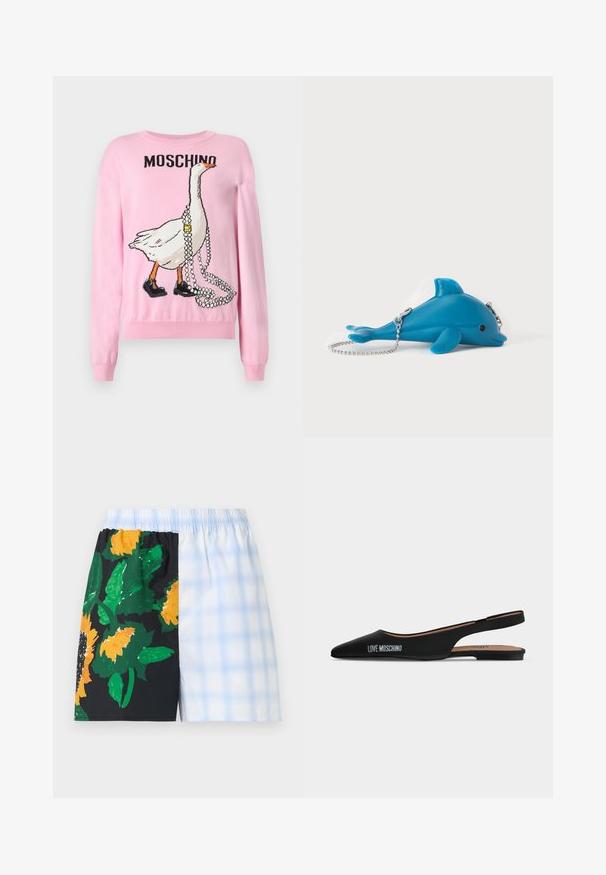 Pull en tricot rose à manches longues, avec un motif d'oie tenant des perles et portant des chaussures noires. "MOSCHINO" est imprimé au-dessus.; Shorts à taille élastique avec design fendu : un côté noir avec de grandes tournesols jaunes et des feuilles vertes, l'autre côté à carreaux bleu clair et blanc.; Chaussure plate slingback noire pointue avec un petit talon et logo "LOVE MOSCHINO" sur le côté, sur un fond clair uni.; Pochette bleue en forme de dauphin avec bandoulière chaîne argentée posée sur une surface blanche, avec un petit détail œil noir et le nom de la marque sur la nageoire.