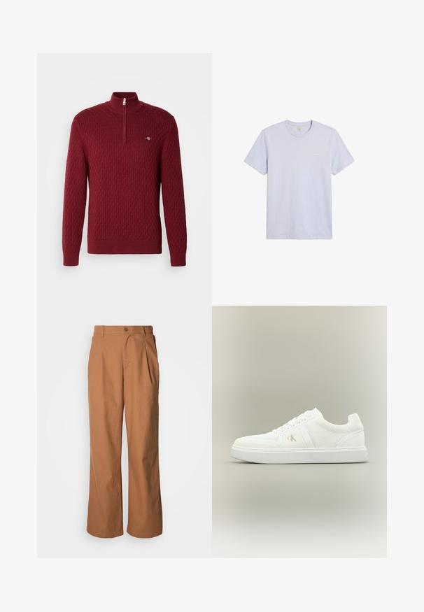 Pull rouge en tricot avec un motif texturé en losanges, col montant et fermeture éclair quart. Présente des poignets et un ourlet côtelés. Détail de logo en petit format inclus.; T-shirt uni gris clair à manches courtes et col rond avec petit logo blanc Calvin Klein sur le côté gauche de la poitrine.; Pantalon à jambes larges en tissu marron chaud, avec fermeture à boutons sur le devant, plis subtils et coupe droite pour une tenue décontractée.; Baskets basses blanches avec lacets, côtés en tissu texturé et logo subtil "ck" sur le côté extérieur, placées sur un fond neutre uni.
