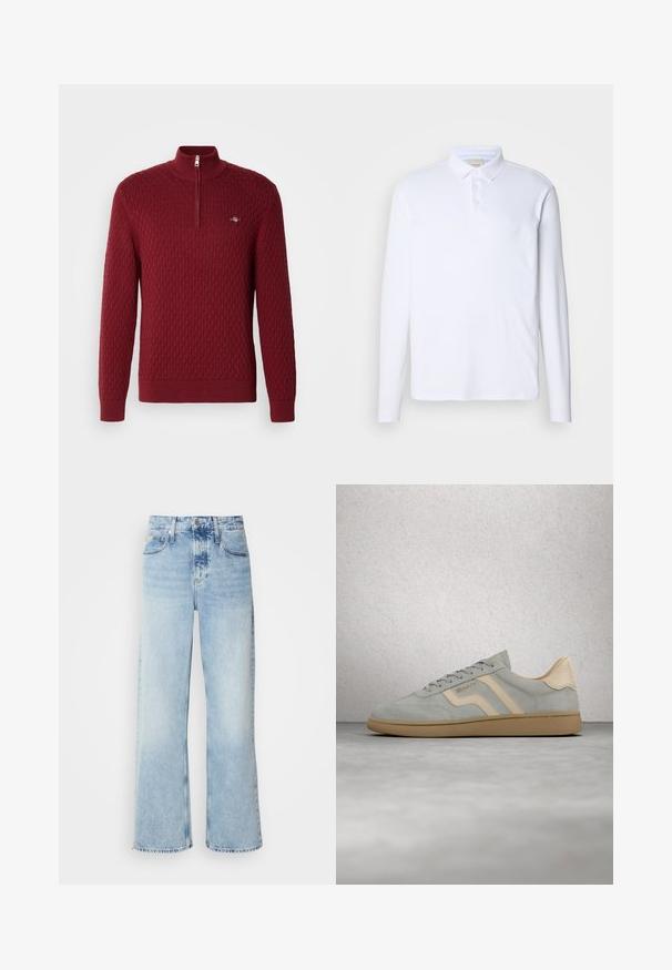 Pull rouge en tricot avec un motif texturé en losanges, col montant et fermeture éclair quart. Présente des poignets et un ourlet côtelés. Détail de logo en petit format inclus.; Chemise polo blanche à manches longues en tissu doux, dotée d'un col classique, d'une patte de boutonnage à trois boutons et d'un logo discret sur la poitrine.; Jean large bleu clair à taille haute, avec une finition délavée, des passants de ceinture et un design classique à cinq poches. L'ourlet est brut.; Baskets en daim gris clair avec accents beige et semelle gomme, flottant au-dessus d'un sol en béton poli près d'un mur en blocs de verre.