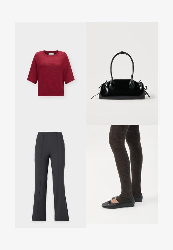Haut tricoté rouge à manches courtes avec col rond, coupe ample et motif texturé subtil sur fond uni.; Pantalon noir taille haute à jambe droite avec coutures verticales sur le devant, présenté sur un fond uni clair, sans fermetures ni poches visibles.; Jambes portant des leggings côtelés foncés associés à des ballerines noires avec de petits détails en nœud sur fond blanc.; Petit sac à main noir brillant avec deux longues anses et des détails à cordon sur les côtés sur un fond clair uni.