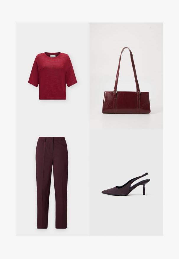 Haut tricoté rouge à manches courtes avec col rond, coupe ample et motif texturé subtil sur fond uni.; Pantalon droit bordeaux avec une texture lisse, présentant un devant plat et sans poches visibles. Coupe ajustée avec une coupe classique.; Chaussure à talon slingback en tissu violet foncé. Design à bout pointu, côtés ouverts, et talon mince de forme carrée. Texture lisse.; Sac à main bordeaux en matériau brillant, de forme rectangulaire, avec deux anses et des accents légèrement courbés à l'avant.