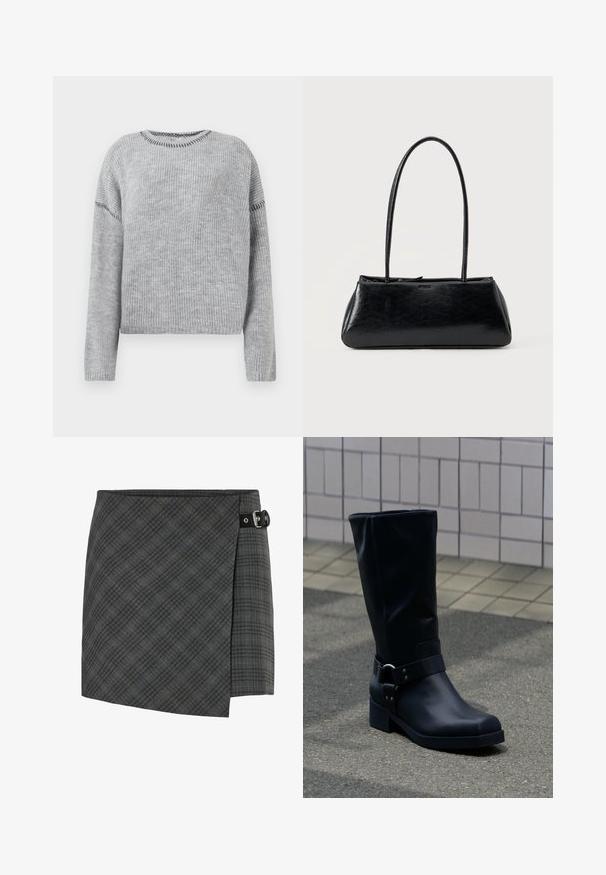 Grå strikket sweater med rund halsudskæring og lange ærmer. Har ribbet struktur og kontrasterende stikninger langs sømmene.; Mørkegrå ternet uld wrap nederdel med sort spænde detalje på højre side, lige kant og subtil diagonalt mønster.; Sort læderstøvle midt på læggen med lav blokhæle og en dekorativ rem med metal spænde rundt om anklen, på en flisebelagt fortov.; Sort rektangulær skuldertaske med lange tynde stropper og en glat, blank tekstur på en ensfarvet baggrund.
