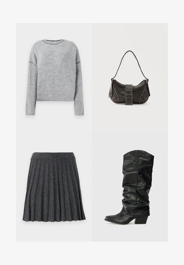 Grå strikket sweater med rund halsudskæring og lange ærmer. Har ribbet struktur og kontrasterende stikninger langs sømmene.; Vero Moda Knitted VMMARINA Short - Mini skirts - dark grey; Sorte læderknæhøje støvler med et skrånet design, spids tå og chunky hæl, der har en glat overflade og minimal syning.; Sort læder skuldertaske med spænde på remmen, afrundede kanter og kontrasterende hvide syninger på en ensfarvet baggrund.