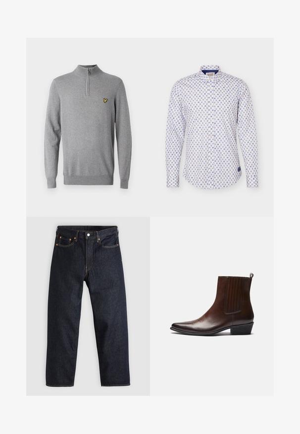 Grå sweater lavet af strikket stof med kvart-zip krave og ribbenmanchetter. Har et lille gult broderet logo på brystet.; Hvid skjorte med knapper med blåt geometrisk blomsterprint, lange ærmer og standard krave.; Mørkeblå denimjeans med lige pasform, fem lommer, kontrasterende orange syning og knaplukning. Ingen synlige mønstre eller udsmykninger.; Brun læder ankelstøvle med spids tå, elastiske sidepaneler, tekstureret detaljer på fronten og en lav stablet hæl.