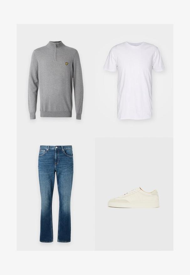 Grijze trui van gebreide stof met een kwart rits kraag en geribbelde manchetten. Bevat een klein geel geborduurd logo op de borst.; Selected SLHASPEN SLUB TEE - T-shirt basic - bright white; Blauwe denim jeans met een recht ontwerp, met een lichte naar donkere gradient, voorzakken en een metalen knoopsluiting.; Witte suède sneakers met een gladde afwerking, ronde neus, plat veterontwerp en contrasterende gestructureerde accenten. Voorzien van een subtiel logodetail.