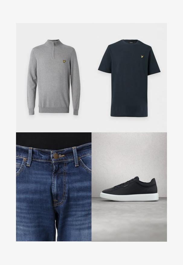 Grijze trui van gebreide stof met een kwart rits kraag en geribbelde manchetten. Bevat een klein geel geborduurd logo op de borst.; Marineblauw gestructureerd T-shirt met korte mouwen, ronde hals en een klein gouden vogel-logo op de linkerborst.; Blauwe spijkerbroek van denim met knoopsluiting aan de voorkant, riemlussen, koperen klinknagels en oranje stikseldetails.; Marine lederen sneaker met een witte rubberen zool, ronde neus, platte veters en een subtiele merkdetail aan de zijkant. Gestructureerd oppervlak.