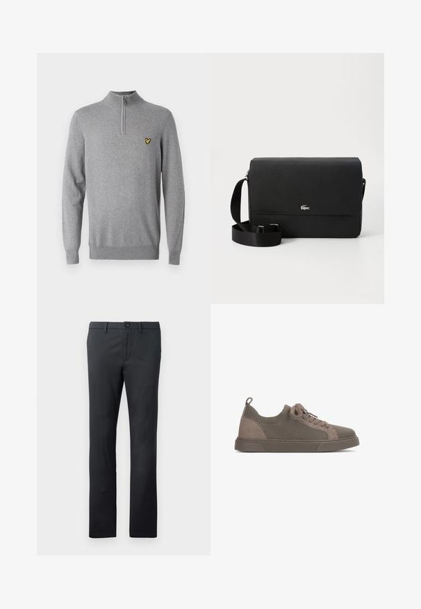 Grå sweater lavet af strikket stof med kvart-zip krave og ribbenmanchetter. Har et lille gult broderet logo på brystet.; Sorte bukser lavet af glat stof, med lige ben design, forlommer, knaplukning og bæltesløjfer.; Taupe lavtop sneaker med strikket overdel, ruskindsdetaljer, snørelukning og gummisål på hvid baggrund.; Sort læder crossbody taske med en glat overflade, en frontklap, sølv logo accent og en justerbar stofrem.