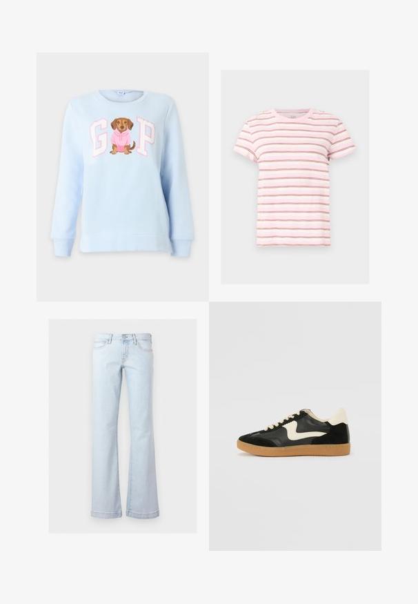 Sweat-shirt bleu clair à manches longues avec les lettres "GAP" et un chien marron portant un sweat à capuche rose imprimé entre les lettres.; T-shirt à manches courtes rose et blanche avec de fines rayures horizontales marron, encolure ronde et coupe décontractée.; Jean en denim bleu clair taille haute avec poches avant, fermeture par boutons et jambes évasées larges.; Baskets en daim et cuir noir avec un swoosh latéral crème et un talon crème clair. Dotées de lacets beige et d'une semelle en caoutchouc gomme.
