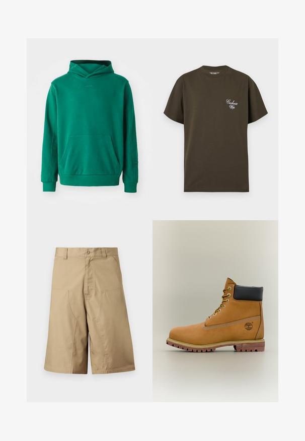 Grüne Kapuzenjacke aus weichem Stoff, mit Kängurutasche, verstellbarer Kapuze und gerippten Bündchen. Schlichtes Design mit minimalem Branding.; Dunkel olivgrünes T-Shirt mit kurzen Ärmeln, Rundhalsausschnitt und kleinem weißen "Carhartt Wip" Schriftzug auf der linken Brust.; Khaki-Shorts mit geradem Schnitt, gefertigt aus leichtem Stoff, mit zwei Fronttaschen und einem Knopfverschluss in der Taille.; Brauner Leder-Stiefelette mit schwarzem Kragen, gelben Schnürsenkeln und hellbrauner Sohle. Verfügt über ein Logo und weiße Ziernähe. Robuste Profilsohle.