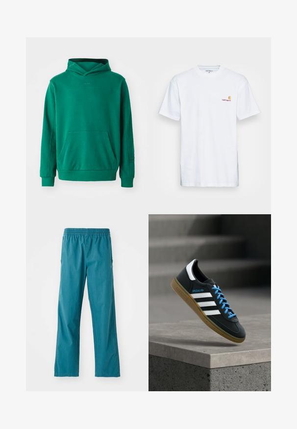 Grüne Kapuzenjacke aus weichem Stoff, mit Kängurutasche, verstellbarer Kapuze und gerippten Bündchen. Schlichtes Design mit minimalem Branding.; Weißes Baumwoll-T-Shirt mit kurzen Ärmeln. Entworfen mit einem kleinen orangefarbenen und kastanienbraunen Logo auf der linken Brust. Verfügt über einen klassischen Rundhalsausschnitt.; Türkisfarbene Hose aus leichtem Stoff, mit elastischem Bund und geradem Schnitt sowie Seitentaschen.; Schwarzer Adidas-Sneaker mit weißen Streifen, blauen Schnürsenkeln und Gummisohle, der über einer grauen Betontreppe im weichen Licht schwebt.