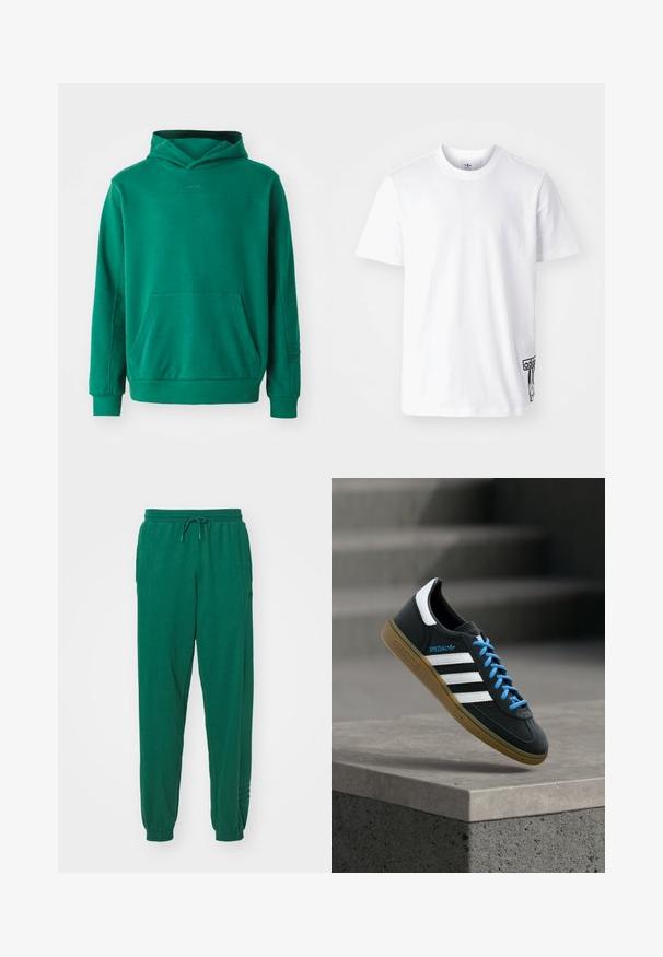 Grüne Kapuzenjacke aus weichem Stoff, mit Kängurutasche, verstellbarer Kapuze und gerippten Bündchen. Schlichtes Design mit minimalem Branding.; Weißes Baumwoll-T-Shirt mit kurzen Ärmeln, Rundhalsausschnitt und einem schwarzen Adidas-Logo-Patch auf der unteren linken Seite. Glatte Textur.; Grüne Baumwoll-Jogginghosen mit einem Kordelzugbund, elastischen Bündchen und seitlichen Taschen. Der Stoff wirkt weich mit einer glatten Textur.; Schwarzer Adidas-Sneaker mit weißen Streifen, blauen Schnürsenkeln und Gummisohle, der über einer grauen Betontreppe im weichen Licht schwebt.