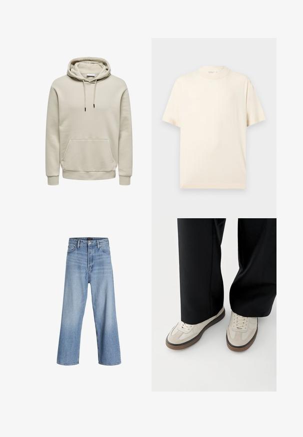 Beige hættetrøje med snore, kængurulomme, ribkanter ved ærmer og kant, vist på hvid baggrund.; Enkelt beige t-shirt med korte ærmer og rund hals, vist fladt på en lys grå baggrund.; Lyseblå denim bukser med brede ben og høj talje, med knaplukning, fem lommer og et subtilt slidtegn. Ren kantfinish.; Fødder iført beige sneakers med brune såler og sorte bukser med vide ben på hvid baggrund.