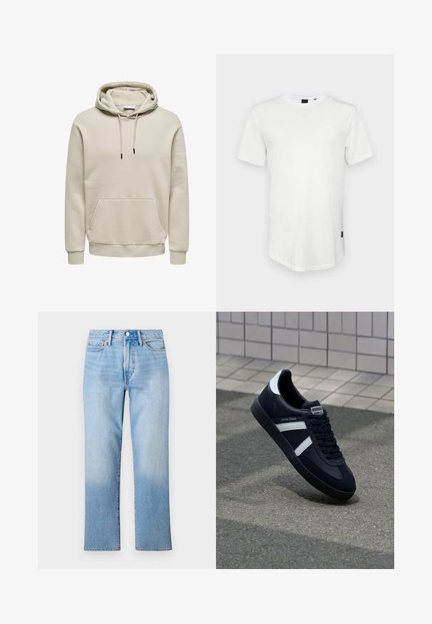 Beige hættetrøje med snore, kængurulomme, ribkanter ved ærmer og kant, vist på hvid baggrund.; Hvid kortærmet t-shirt lavet af bomuld, med rund halsudskæring og en let forlænget ryg, samt en lille logoaccent på siden.; Lys blå denim jeans med lige ben-design, der har en falmet vask, standard fem-lomme styling og en klassisk knaplukning.; Sort lædersneaker med hvide striber, tekstureret gummisål og snørrebånd foran. Har et brandet mærke på tungen.