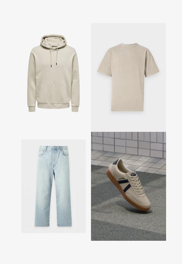 Beige hættetrøje med snore, kængurulomme, ribkanter ved ærmer og kant, vist på hvid baggrund.; Kortærmet T-shirt i lys beige med rund hals, lavet af blødt stof, med en glat tekstur og et enkelt design uden grafik.; Lyseblå jeans med brede ben, fem lommer, knap- og lynlåslukning samt let falmet vask, lagt fladt på en hvid baggrund.; Beige sneaker med struktureret overflade, marineblå striber og gummisål. Har en polstret tunge og traditionelt snørresystem for en sikker pasform.
