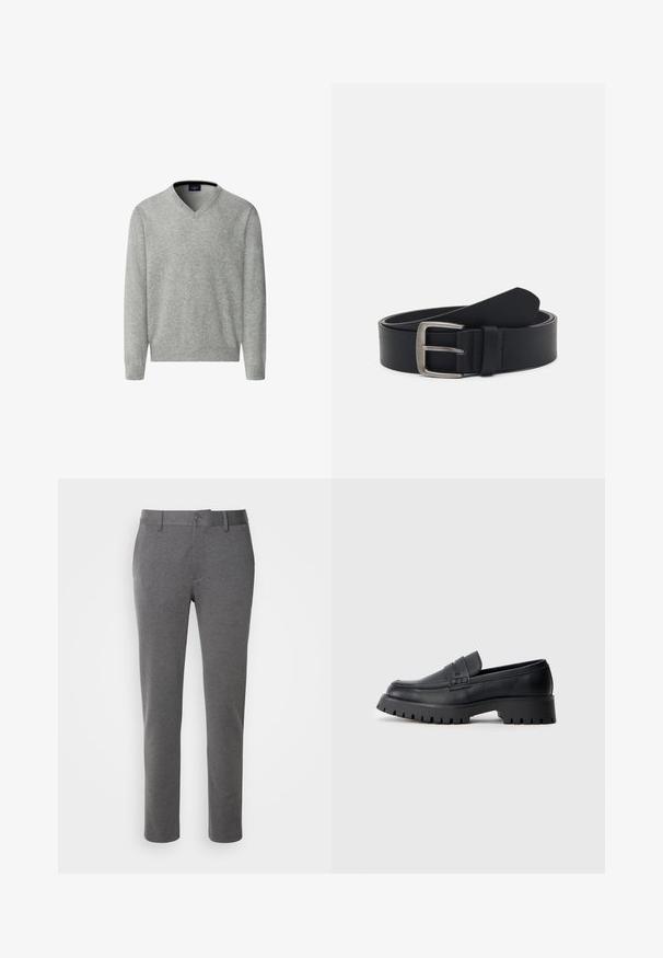 Hackett London Jersey de punto - metal grey; Pantalones grises a medida hechos de una tela suave, con una textura lisa, bolsillos delanteros y cierre de un solo botón en la cintura.; Mocasines de cuero negro con punta redondeada, que presentan una correa decorativa y una suela de goma gruesa con surcos profundos para mayor tracción.; Cinturón de cuero negro con hebilla de metal plateado, que presenta un acabado liso y un diseño clásico. El cinturón está enrollado con el extremo apuntando.