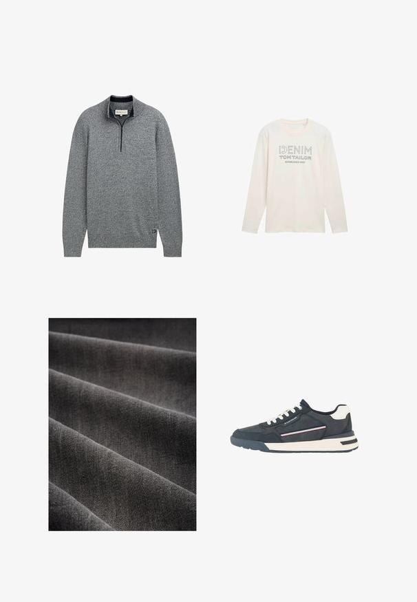 Grå pullover sweater med lynlåskrave, der har et struktureret strikmønster og en blå accent ved kanten med et logodetalje.; Lyscremet langærmet skjorte med rund hals, der har et trykt logo i grå, som læser "DENIM TOM TAILOR ESTABLISHED 2007."; Mørkegrå stof med en blød tekstur, præsenteret i folder. Væven er tætslået, hvilket viser en glat, ensartet overflade.; Herre navyblå og hvide sneakers med hvide snørebånd, perforeret tå, stripet sidedetalje og mærket accent på sidepanelet.