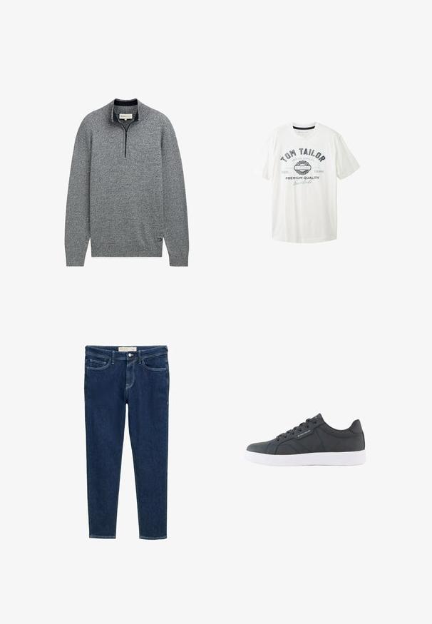 Grå pullover sweater med lynlåskrave, der har et struktureret strikmønster og en blå accent ved kanten med et logodetalje.; Hvid bomulds t-shirt med rund hals, korte ærmer og trykt grafisk motiv i sort og blå med mærkenavnet "Tom Tailor."; Mørkeblå denimjeans med slank pasform, fem-lomme-design og kontrasterende hvide sømme. Knappelukning ved taljen og minimal detaljering.; Sort lavt snøresko med hvid sål, snørelukning foran og diskret "Tom Tailor"-branding på siden og tungespidsen.