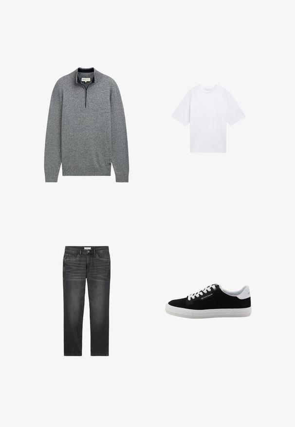 Suéter gris de pullover con cuello de cremallera, que presenta un patrón de punto texturizado y un acento azul en el dobladillo con un detalle de logo.; Camiseta blanca de manga corta hecha de algodón. Corte relajado con cuello redondo. Textura suave y sin patrones o acentos visibles.; Jeans de mezclilla gris oscuro con diseño de pierna recta, bolsillos delanteros y cierre de botón. Presenta un leve desvanecimiento y detalles de costura.; Zapatilla de ante negro con suela de goma blanca, punta redondeada, diseño con cordones y lengüeta blanca en el talón a contraste. Presenta un logotipo en el lateral.