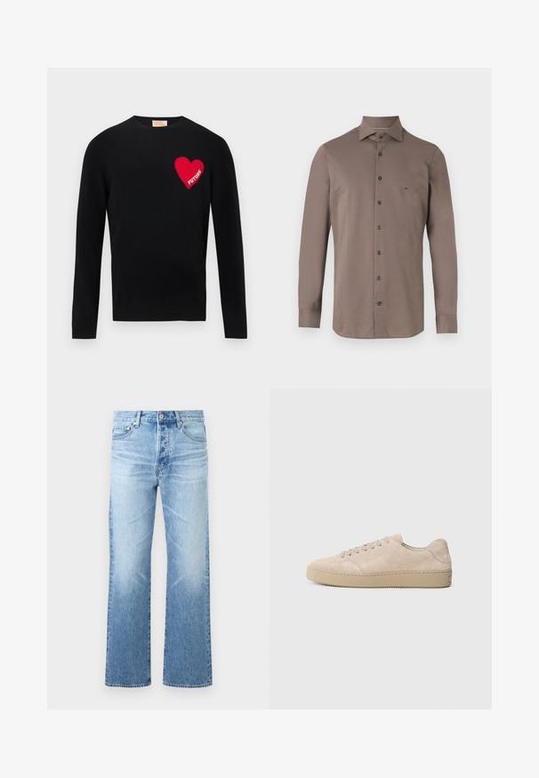Pull en tricot noir avec un cœur rouge et le texte "FUTURE" sur la poitrine gauche. Design à col rond avec manches longues et poignets côtelés.; Chemise marron à manches longues pour hommes, avec boutons, col pointu et petit logo "MK" sur la poitrine gauche.; Jean en denim bleu clair avec coupe droite, design à cinq poches, fermeture par bouton et légère décoloration sur les cuisses et les genoux.; Baskets en daim beige avec un bout rond, des lacets plats et une semelle en caoutchouc texturé. Design minimaliste avec des bords lisses et des coutures discrètes.