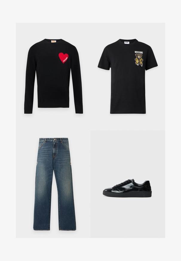 Pull en tricot noir avec un cœur rouge et le texte "FUTURE" sur la poitrine gauche. Design à col rond avec manches longues et poignets côtelés.; T-shirt noir Moschino à manches courtes avec petit motif d'ours en peluche et nom de la marque sur la partie supérieure gauche de la poitrine.; Jean en denim bleu à jambes droites avec taille mi-haute, design classique à cinq poches et légère décoloration subtile sur les cuisses et les genoux.; Baskets en cuir verni noir avec un bout arrondi, un laçage, une semelle en caoutchouc texturé et une finition lisse.