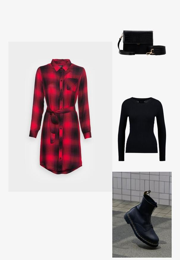 Suéter negro de manga larga con costillas, de cuello redondo y silueta ajustada. La textura es suave con un ligero estiramiento en todo el tejido.; Vestido camisero de cuadros en rojo y negro, con botones en el frente, mangas largas, un bolsillo en el pecho, cintura ceñida con cinturón, tejido ligero y dobladillo curvado.; Bota de tobillo de cuero negro con cremallera lateral, superficie texturizada, detalles de costura amarilla y suela de goma.; Bolso bandolera de faux cuero negro con textura de cocodrilo, herrajes dorados y una correa desmontable. Cuenta con un cierre de solapa y un compartimento interior.