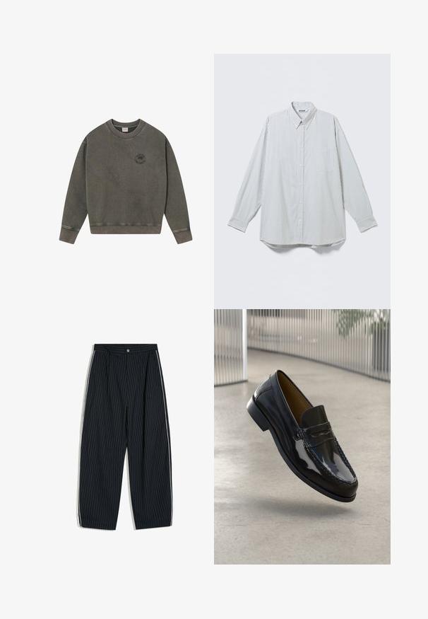 Sweat-shirt à col rond gris foncé avec des poignets et un ourlet côtelés, arborant un petit logo circulaire avec un arbre et du texte sur la poitrine gauche.; Chemise blanche à manches longues boutonnée avec fines rayures noires verticales et poche poitrine, présentée à plat sur un fond clair.; Pantalon large à fines rayures noires avec bandes blanches sur les côtés et fermeture par bouton à la taille.; Mocassin en cuir verni noir avec un accent cousu, bout rond, petit talon et surface lisse, présenté sur un fond neutre.