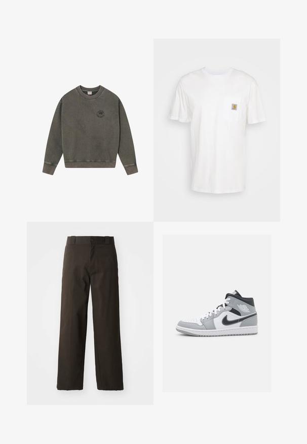Sweat-shirt à col rond gris foncé avec des poignets et un ourlet côtelés, arborant un petit logo circulaire avec un arbre et du texte sur la poitrine gauche.; T-shirt en coton blanc à manches courtes, avec une poche poitrine et un petit patch logo carré en orange et blanc sur la poche.; Pantalons en coton noirs avec une coupe droite, dotés d'une fermeture à bouton et d'une taille classique. Texture lisse, sans motifs ni accents.; Baskets mi-hautes en cuir blanc avec des accents gris, bout perforé, swoosh noir de Nike et logo sur la cheville. Semelle en caoutchouc.