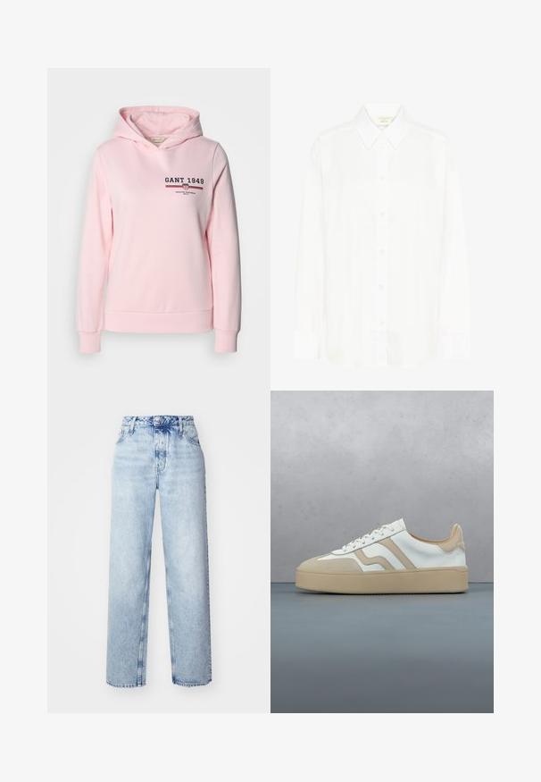 Lyserød hoodie lavet af bomuldsblanding, med et logo på forsiden og vandrette striber. Den har en hætte med snor og ribbet manchetter og kant.; Hvid langærmet skjorte med knapper, klassisk krave og almindelig pasform. Fremstillet af glat stof med otte knapper ned foran.; Lyseblå højtaljede jeans med løs pasform, der har lige ben, fem lommer og en klassisk knap- og lynlåslukning.; Sneaker med øvre i cremefarvet læder, tan accenter og en lys beige gummisål. Har flade snørebånd og diskrete logo-detaljer på siden.