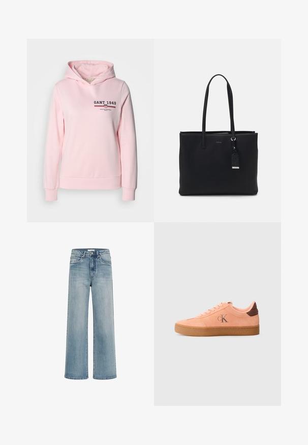 Lyserød hoodie lavet af bomuldsblanding, med et logo på forsiden og vandrette striber. Den har en hætte med snor og ribbet manchetter og kant.; Lyseblå brede jeans lavet af denim, med høj talje, forlommer og en falmet overflade med kontrastsyning.; Lyserøde ruskindsneakers med brune detaljer, rund tå, snørebåndsdesign og gummisål. Har et diskret logo på siden.; Sort tote bag lavet af slidstærkt materiale, med to lange håndtag, en lynlåslukning og en lille label med logo detaljer.