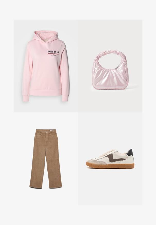 Lyserød hoodie lavet af bomuldsblanding, med et logo på forsiden og vandrette striber. Den har en hætte med snor og ribbet manchetter og kant.; Vidbenede kordfløjlsbukser i brun. Har et tekstureret stof, fem lommer og lukning med knap. Lige pasform fra hofte til kant.; Sneakers med en cremefarvet læderoverdel, en mørkebrun svine læder detalje, beige snørebånd og en gummigummisål; klassisk lavprofil design.; Rosa, polstret håndtaske med afrundet design, lavet af skinnende materiale. Har et samlet håndtag og en lynlås til sikker adgang.