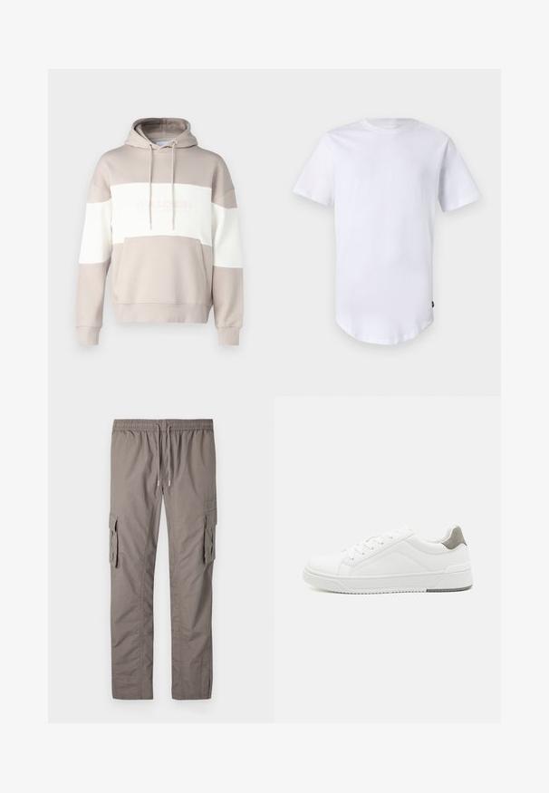 Sweat à capuche beige avec des rayures horizontales blanches. Il possède une poche avant et un cordon de serrage, fabriqué en coton mélangé doux.; T-shirt blanc à manches courtes en coton. Design à col rond avec un ourlet arrondi. Étiquette visible sur le côté inférieur gauche. Texture lisse.; Pantalons cargo gris avec une taille élastique et un cordon de serrage, deux poches cargo sur les côtés et un tissu lisse et léger.; Basket blanche en cuir lisse, à bout arrondi, design minimaliste, accent de talon gris et semelle en caoutchouc texturé.