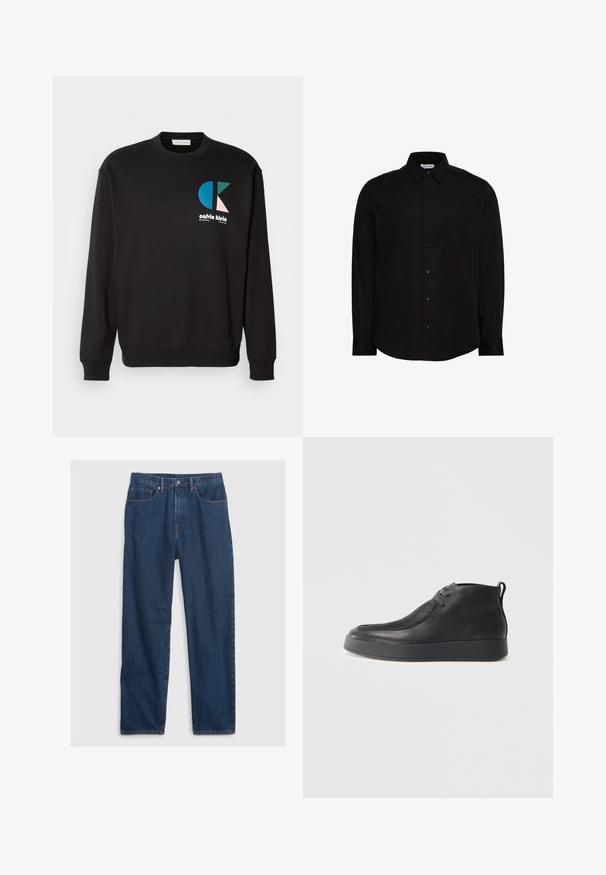 Zwarte sweatshirt met ronde hals en lange mouwen, voorzien van een kleurrijk CK-logo in blauw, groen en roze op de voorkant. Gladde textuur.; Zwarte blouse met lange mouwen en knopen, gemaakt van gladde stof. Heeft een klassieke kraag, een voorpand met knoopsluiting en een klein logo op de borst.; Donkerblauwe denim jeans met een rechte pasvorm, voorzien van vijf zakken, een bovenste knoop en koperen klinknagelaccenten.; Zwarte leren enkelboot met een gestructureerd oppervlak, vetersluiting aan de voorkant, een hefboom aan de hiel en een dikke rubberen zool op een lichte achtergrond.