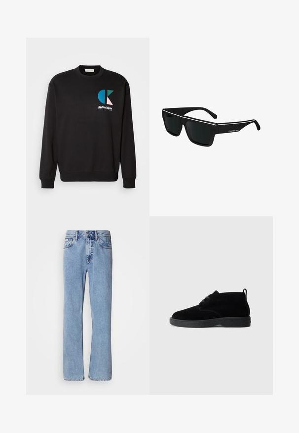 Sweatshirt noir avec col rond et manches longues, présentant un logo CK coloré en bleu, vert et rose sur le devant. Texture lisse.; Jean en denim bleu clair avec une coupe droite, cinq poches et une fermeture à bouton. Détails de couture près des poches et de la taille.; Bottines en suédine noire à bout rond, à lacets, avec une semelle en caoutchouc noire et une languette à l'arrière pour un enfilage facile.; Calvin Klein Jeans Lunettes de soleil - black