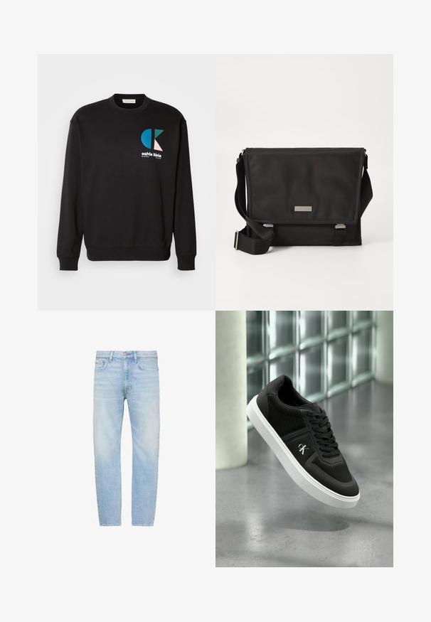 Zwarte sweatshirt met ronde hals en lange mouwen, voorzien van een kleurrijk CK-logo in blauw, groen en roze op de voorkant. Gladde textuur.; Lichtblauwe jeans met rechte pijpen, vijf zakken, knoopsluiting en vervaagde waseffecten op dijen en knieën.; Zwarte lage sneaker met witte zool en "cK"-logo, zwevend boven een grijze betonnen vloer nabij een glazen bakstenen muur en een witte zuil.; Zwarte schoudertas gemaakt van nylon met een matte afwerking. Voorzien van een klep met sluiting, een verstelbare schouderband en een klein metalen logo plaatje.