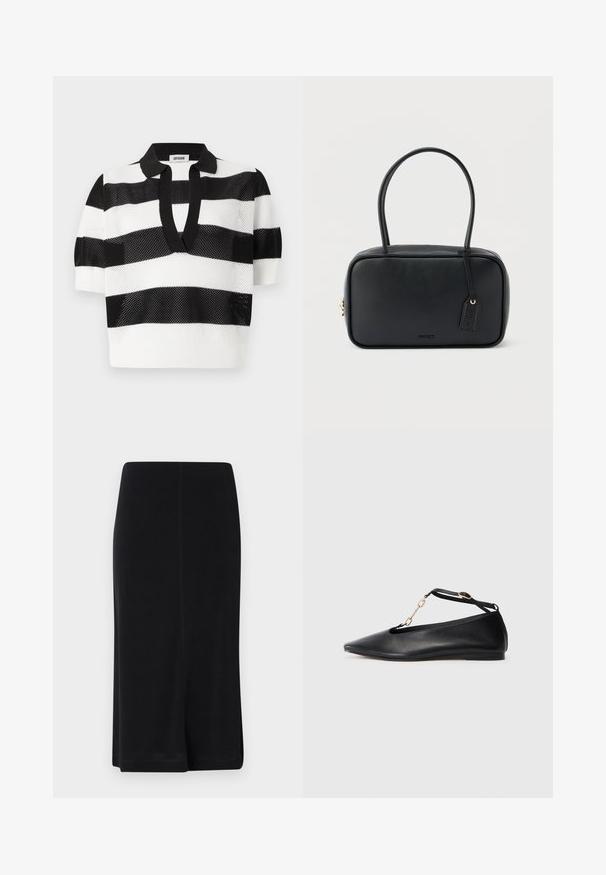 Polo de punto a rayas black and white con mangas cortas, que presenta una textura de malla y un cuello negro en contraste.; Falda negra hasta la rodilla hecha de una tela suave, con una silueta recta, diseño simple y aberturas laterales para mayor facilidad de movimiento.; Bailarinas de cuero negro con punta afilada, diseño cortado, tira en el tobillo y detalle de cadena dorada. Textura suave, tacón minimal.; Bolso rectangular negro con asas dobles redondeadas, cremallera dorada y logo "HUGO" en relieve en el frente con etiqueta de cuero adjunta.