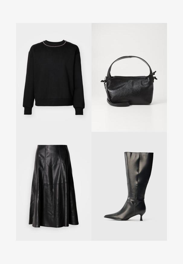 Sweatshirt noir avec un col ras du cou, des manches longues, des poignets et un ourlet côtelés. Présente une rangée de petites perles décoratives le long du col.; Jupe en cuir noir avec une silhouette évasée, présentant des coutures visibles et une texture lisse. Conception mi-longue avec une coupe classique.; Botte en cuir noire montant jusqu'au genou, avec un bout pointu et un petit talon bas, présentée sur un fond clair uni.; Sac à main en cuir noir au design structuré, avec une poignée arrondie et une bandoulière amovible. Présente une texture lisse et un éclat subtil.