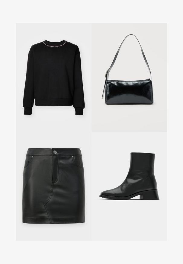 Sweatshirt noir avec un col ras du cou, des manches longues, des poignets et un ourlet côtelés. Présente une rangée de petites perles décoratives le long du col.; Mini-jupe en simili cuir noir avec un bouton à l'avant, fermeture éclair, poches avant et arrière, et détails de couture.; Bottine noire en cuir brillant, au design épuré, avec un bout pointu et un petit talon bloc pour plus de stabilité.; Sac d'épaule rectangulaire noir avec une sangle réglable unique et une fermeture éclair supérieure sur un fond uni.