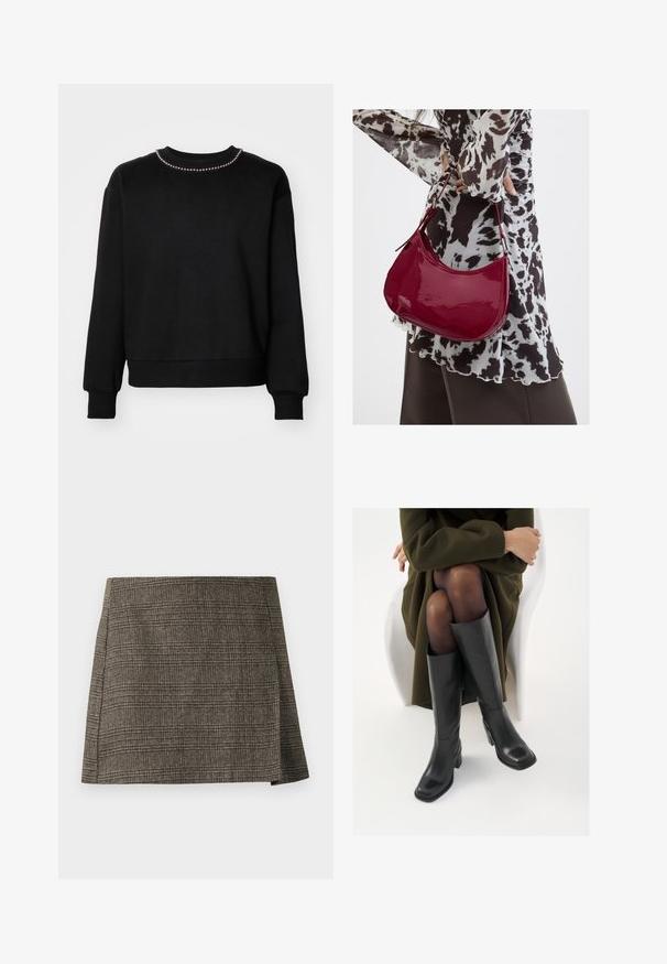 Sort sweatshirt med rund hals, lange ærmer, ribbede manchetter og kant. Udsmykket med en række små dekorative perler langs halsudskæringen.; Brun og grå plaid mini nederdel med subtilt sidesnit, lige snit og tekstureret stof.; Knæhøje sorte læder støvler med firkantet tå og blokhæl, vist med en model siddende i en olivengrøn frakke. Glat tekstur, minimal detaljer.; Kvinde iført en sort- og hvidmønstret bluse, der holder en blank rød skuldertaske mod en ensfarvet baggrund.
