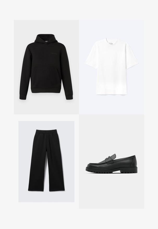 Zwarte hoodie met een voorzak, lange mouwen en een kleine horizontale naaddetail op de linkerborst tegen een witte achtergrond.; Effen witte T-shirt met korte mouwen en ronde hals, met een losse pasvorm, weergegeven op een lichte achtergrond.; Zwarte wijde broek met elastische tailleband, twee zijzakken en een gladde textuur. Ontworpen voor comfort en bewegingsvrijheid.; Zwarte leren instappers met een ronde neus, voorzien van een gestikt ontwerp, een lage platformzool en een gestructureerde, grof rubberen buitenzool.