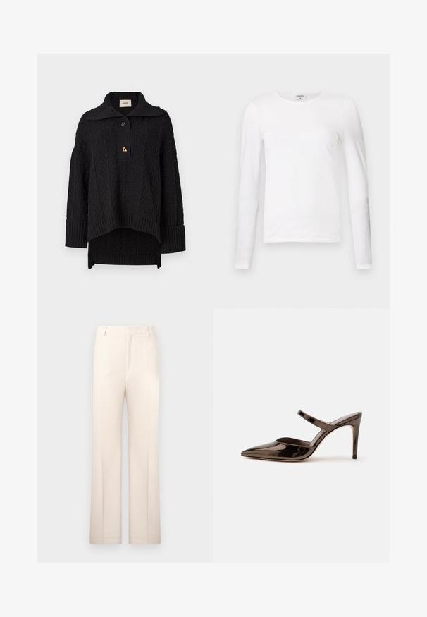 Pull noir en tricot avec un motif texturé, col montant et fermeture à bouton. Manches et ourlet côtelés, avec un accent triangulaire doré.; T-shirt blanc à manches longues en coton doux, avec un col rond et une coupe ajustée, présentant des coutures propres et sans motifs visibles.; Pantalons beige ajustés avec une coupe droite, fabriqués en tissu léger. Dotés de plis avant et d'une taille classique.; Mule à talon haut marron foncé brillant à bout pointu avec une fine bride sur le coup de pied sur fond blanc uni.