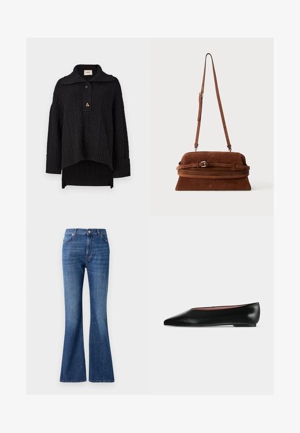 Pull noir en tricot avec un motif texturé, col montant et fermeture à bouton. Manches et ourlet côtelés, avec un accent triangulaire doré.; Jeans évasés bleus en denim, dotés d'une taille haute, de cinq poches et d'un léger effet d'usure près des coutures.; Chaussure plate en cuir noir pour femme, avec bout pointu et petit talon, vue de côté sur un fond gris clair uni.; Sac à épaule en daim marron avec une longue bandoulière ajustable et un détail de boucle sur le devant, présenté sur un fond uni.
