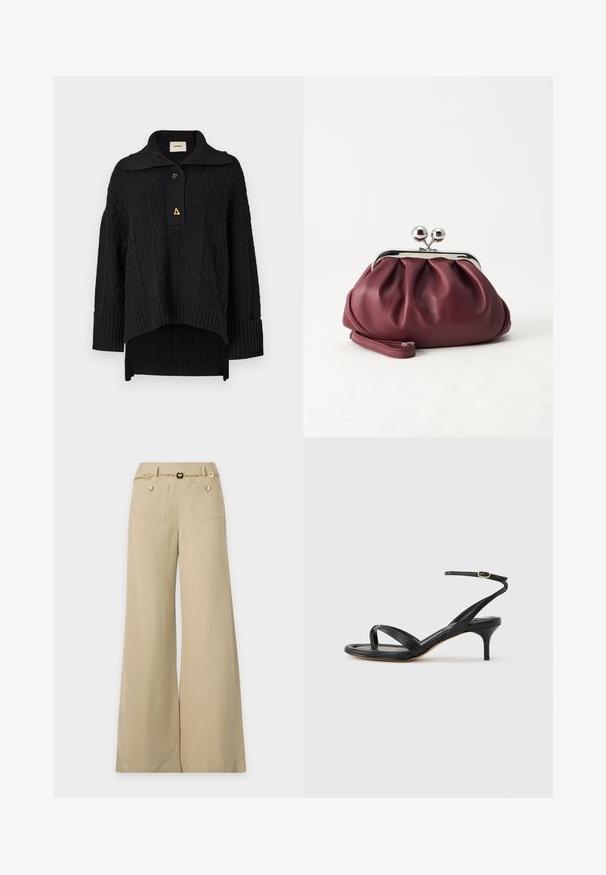 Pull noir en tricot avec un motif texturé, col montant et fermeture à bouton. Manches et ourlet côtelés, avec un accent triangulaire doré.; Pantalon beige à jambes larges avec poches plaquées à l'avant et ceinture chaîne dorée décorative avec maillons en forme de cœur.; Sandale pour femme en cuir noir avec fines lanières, une boucle d'orteil, une boucle à la cheville et un talon aiguille de hauteur moyenne sur un fond neutre.; Petit sac pochette en cuir bordeaux avec fermoir métallique argenté et bracelet sur fond blanc.