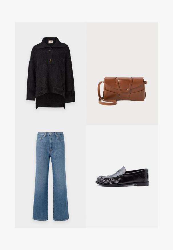 Pull noir en tricot avec un motif texturé, col montant et fermeture à bouton. Manches et ourlet côtelés, avec un accent triangulaire doré.; Jean en denim bleu clair à jambes larges avec taille haute, dotés d'une fermeture à bouton à l'avant, de cinq poches, et avec une finition d'ourlet propre.; Mocassin pour hommes en cuir noir avec bride à monnaie et surpiqûres détaillées le long de l'avant-pointu arrondi, semelle plate et talon bas.; Sac à main en cuir marron au design élégant, avec un rabat structuré, un fermoir marqué et une bandoulière réglable pour plus de polyvalence.