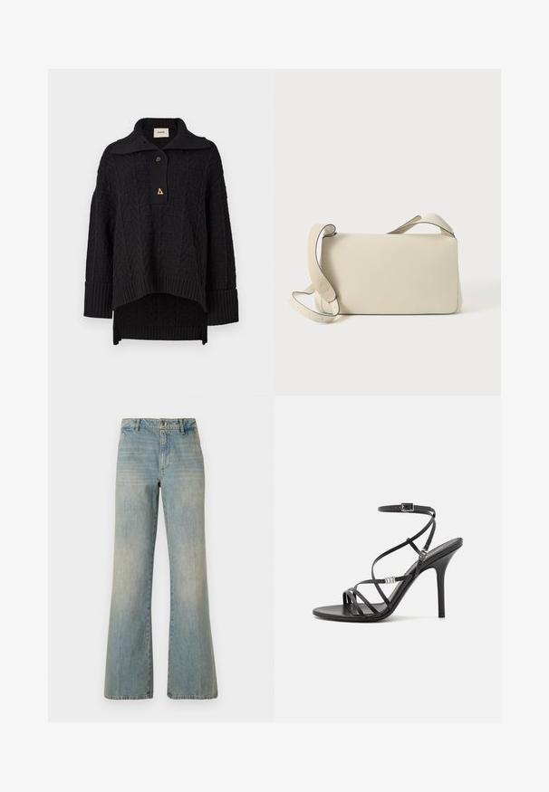 Sort strikket pullover med et struktureret mønster, høj krave og knaplukning. Ribbet manchetter og kant, med et trekantet guldaccent.; Lysblå denim brede ben jeans med høj talje, knaplukning og falmet tekstur. Har klassisk fem-lomme design og lige ben.; Sort højhælet sandal med tynde stropper, en ankelspænde, en glat læderoverflade og en slank stilethæl.; Cremefarvet læder skuldertaske med justerbar rem og klaplukning, sat mod en ensfarvet hvid baggrund.