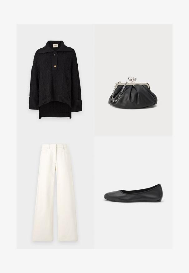 Pull noir en tricot avec un motif texturé, col montant et fermeture à bouton. Manches et ourlet côtelés, avec un accent triangulaire doré.; Pantalons larges de couleur crème en denim avec des coutures visibles et des poches. Le design présente une taille haute et une coupe droite.; Ballerines en cuir noir avec un bout rond, texture lisse, détails de couture minimalistes et design de semelle flexible.; Porte-monnaie en cuir noir avec texture froncée, cadre en métal argenté, fermeture à verrouillage kiss-lock et bandoulière en chaîne. Surface lisse et douce.