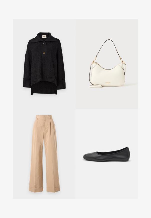Sort strikket pullover med et struktureret mønster, høj krave og knaplukning. Ribbet manchetter og kant, med et trekantet guldaccent.; Beige bukser med vid ben og høj talje, der har læg og en glat tekstur. Cuffene er foldet, hvilket tilføjer en struktureret detalje.; Sort læderballetsko med rund tå, glat tekstur, minimal syning og et fleksibelt såldesign.; Hvid skuldertaske i læder med guldfarvet hardware, sort kant og aftagelig rem. Michael Kors-logo i guld nederst i midten.