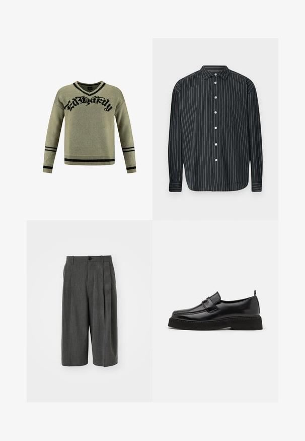 Suéter de punto verde con un logo gráfico negro "Ed Hardy", diseño de escote en V y acentos a rayas negras en los puños y el dobladillo.; Camisa negra de manga larga con botones, con finas rayas verticales blancas, un bolsillo en el pecho, tela suave y diseño de cuello clásico.; Pantalones cortos de pierna ancha a rayas grises con cierre de botón y parte delantera plisada. Hechos de una tela texturizada, con un diseño a medida.; Zapatos estilo mocasín de cuero negro con suela plana y texturizada, con puntera cosida y una correa a lo largo del empeine.